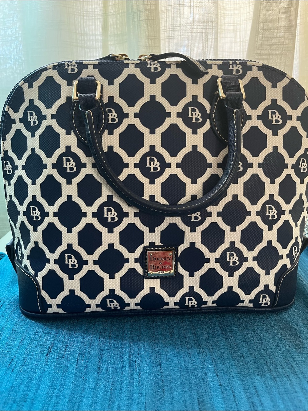 NEW Dooney & Bourke Navy & White Canvas Satchel with Leather Handles and Detail